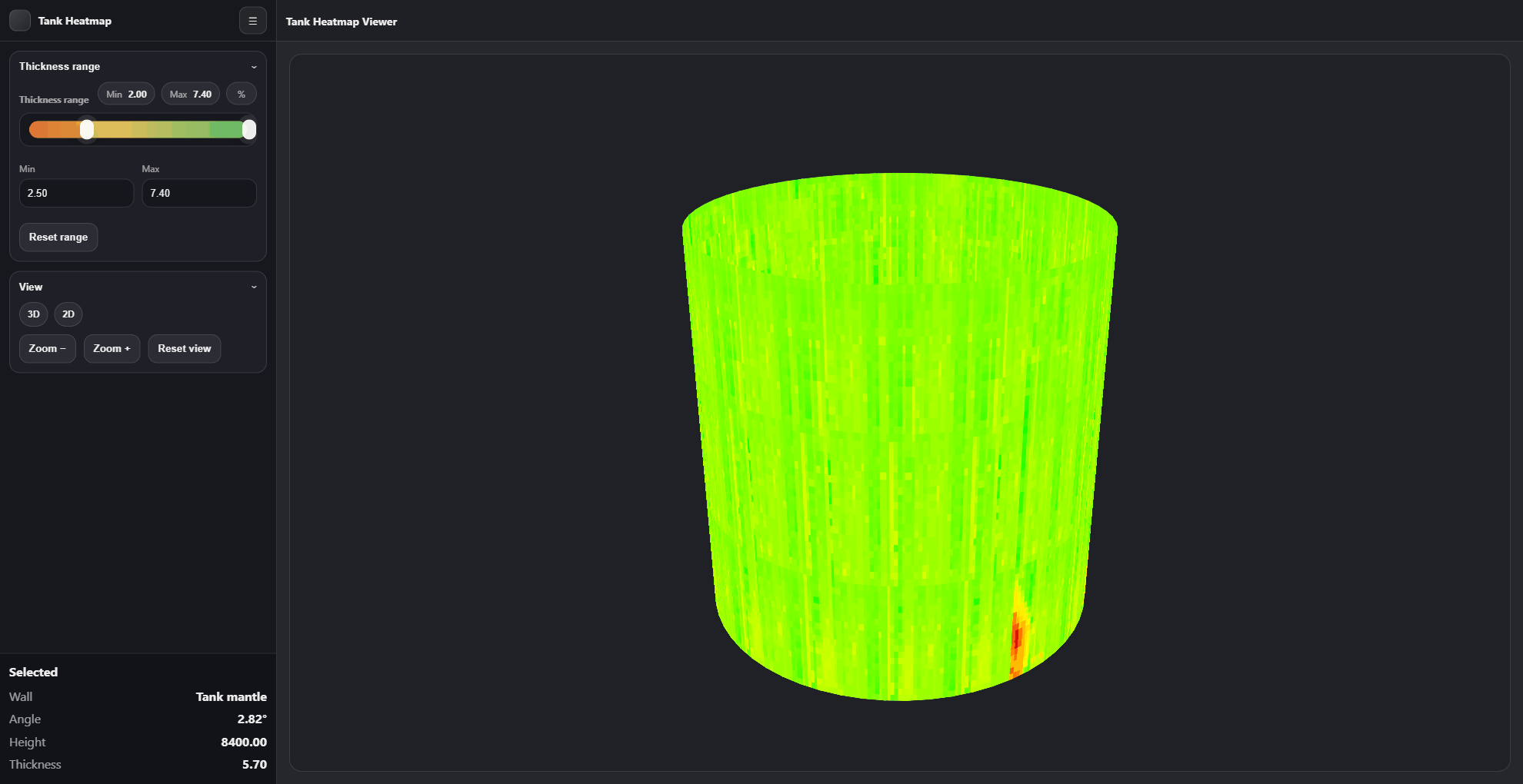 High-density ultrasonic thickness data visualised as a cylindrical tank shell heatmap.